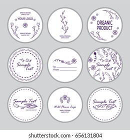 Vector set of round stickers, labels, tags, cards, with cute hand drawn elements. Wild flowers, herbals, reeds, branches and leaves signs and symbols, white stickers with inked art 