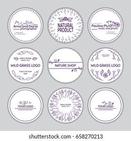 Vector set of round stickers, labels, tags, cards, with cute hand drawn elements. Wild flowers, herbals, reeds, branches and leaves signs and symbols, white stickers with inked art