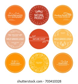 Vector set of round stickers, labels, tags, cards, with cute hand drawn elements. Wild flowers, herbals, reeds, branches and leaves signs and symbols, yellow, orange, pink, red colors