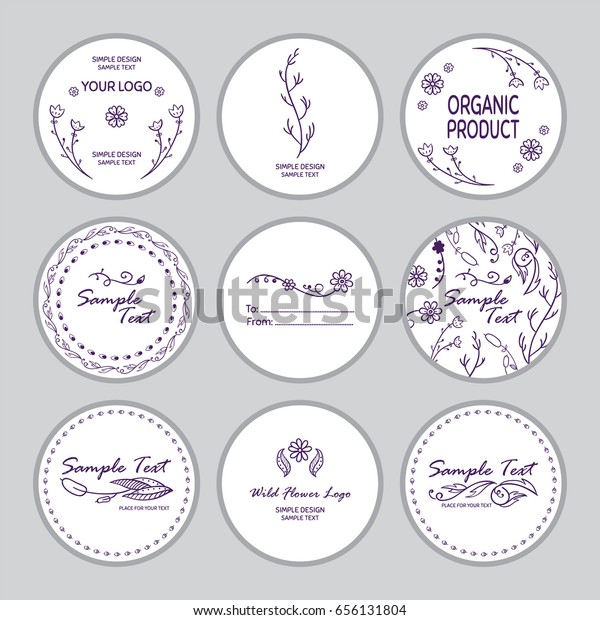 Vector set of\
round stickers, labels, tags, cards, with cute hand drawn elements.\
Wild flowers, herbals, reeds, branches and leaves signs and\
symbols, white stickers with inked art\
