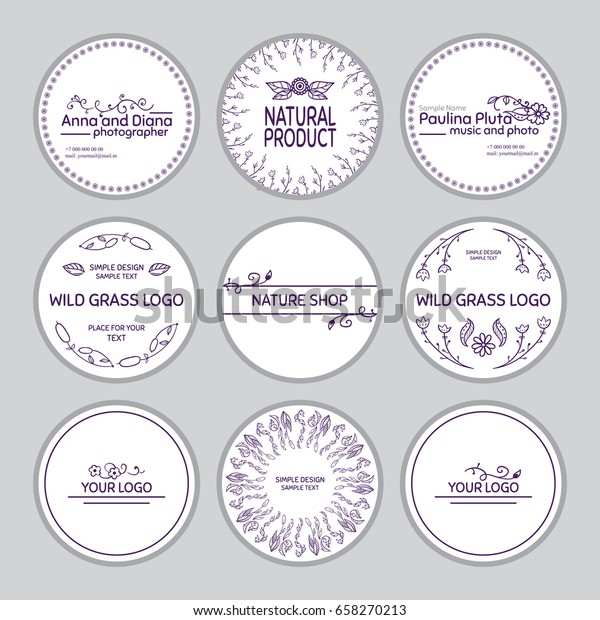 Vector set of\
round stickers, labels, tags, cards, with cute hand drawn elements.\
Wild flowers, herbals, reeds, branches and leaves signs and\
symbols, white stickers with inked\
art