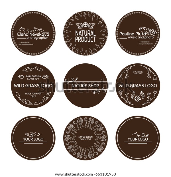 Vector set of round stickers,\
labels, tags, cards, with cute hand drawn elements. Wild flowers,\
herbals, reeds, branches and leaves signs and symbols, white on\
brown