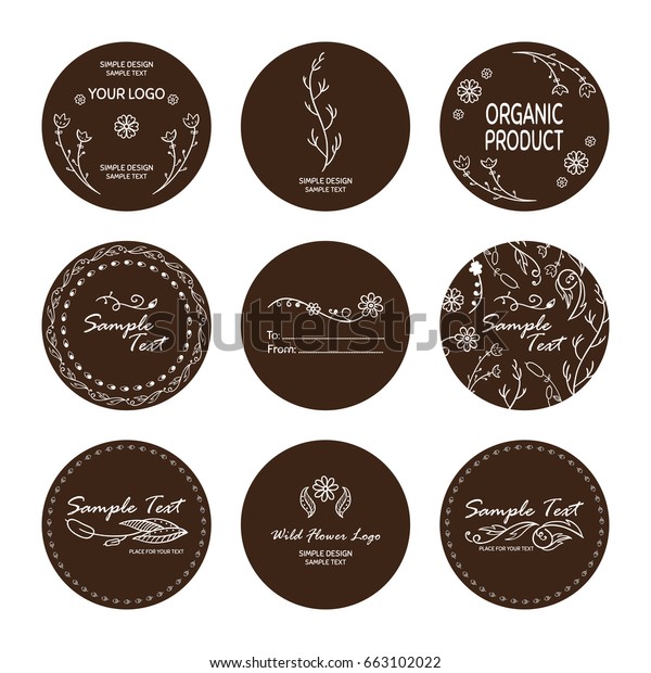 Vector set of round stickers,\
labels, tags, cards, with cute hand drawn elements. Wild flowers,\
herbals, reeds, branches and leaves signs and symbols, white on\
brown