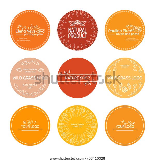 Vector set\
of round stickers, labels, tags, cards, with cute hand drawn\
elements. Wild flowers, herbals, reeds, branches and leaves signs\
and symbols, yellow, orange, pink, red\
colors