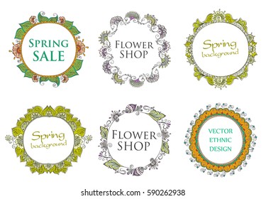 Vector set - round tattoo henna frames. Isolated spring patterns for design on white background.