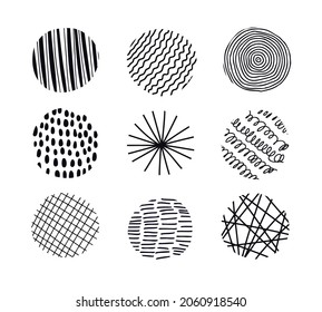 Vector set with round textured elements for posters, prints, Social Media Icons. Hand drawn contemporary trendy doodle shapes with stripes, dots, lines, curves, waves.