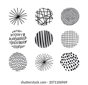 Vector set with round textured elements for posters, prints, Social Media Icons. Hand drawn contemporary trendy doodle shapes with stripes, dots, lines, curves, waves.