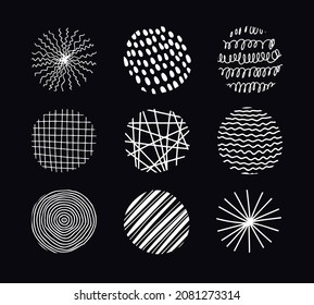 Vector set with round textured elements for posters, prints, Social Media Icons. Hand drawn contemporary trendy doodle shapes with stripes, dots, lines, curves, waves.