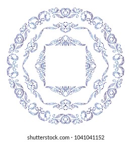 Vector set of round tribal frames, doodle style. Illustration of ethnic feathers, dreamcatchers. Boho style art, perfect for prints, posters.  Detailed ornate art in blue watercolor style
