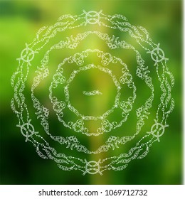 Vector set of round tribal frames, doodle style. Illustration of ethnic feathers, dreamcatchers. Boho style art, perfect for prints, posters.  Detailed ornate art on photo background
