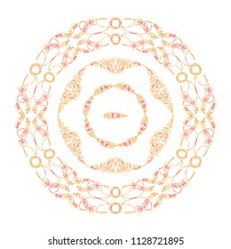 Vector set of round tribal frames, doodle style. Illustration of ethnic feathers, dreamcatchers. Boho style art, perfect for prints, posters.  Detailed ornate art in gold watercolor style