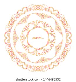 Vector set of round tribal frames, doodle style. Illustration of ethnic feathers, dreamcatchers. Detailed ornate art in gold watercolor style. New and different elements in each art