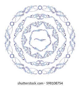 Vector set of round tribal frames, doodle style. Illustration of ethnic feathers, dreamcatchers. Boho style art, perfect for prints, posters.  Detailed ornate art in blue watercolor style 