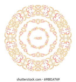 Vector set of round tribal frames, doodle style. Illustration of ethnic feathers, dreamcatchers. Boho style art, perfect for prints, posters.  Detailed ornate art in gold watercolor style