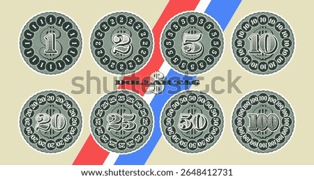 Vector set of round vintage money icons with guilloche pattern. Collection of financial stickers, denominations of 1, 2, 5, 10, 20, 25, 50 and 100 dollars of United States of America. Currency tags