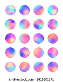 Vector set of rounded holographic foil gradient for button, web, digital, design mobile app. Modern display themes and vibrant glowing buttons. Multicolored, neon, bright, soft circle gradients