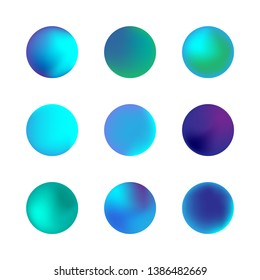 Vector set of rounded holographic gradient sphere. Blue neon circle gradients. Colorful round buttons isolated on white background.