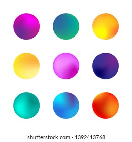 Vector set of rounded holographic gradient sphere. Different neon circle gradients. Colorful round buttons isolated on white background.