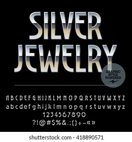 Vector set of royal silver alphabet letters, numbers and punctuation symbols. Art Deco thin style