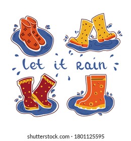 Vector set with rubber boots and text. Hygge. Isolated background.