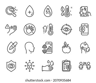 Vector set of Rubber gloves, Eco food and Do not touch line icons set. High thermometer, Eye drops and Prescription drugs icons. Fitness app, Dont touch and Thermometer signs. Vector