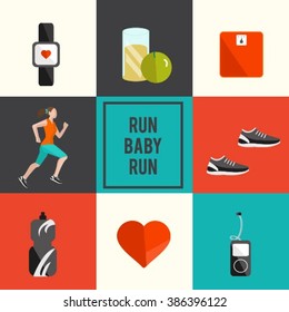 Vector set of run. Run baby run. How to run faster banner. Fitness elements. 