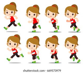 Vector set of running girl separated frames isolated on white background.