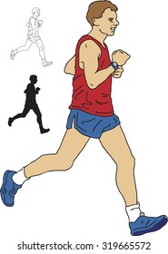 Vector set of running a marathon sport man, hand drawn in cartoons  style.