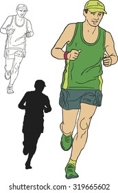 Vector set of running a marathon sport man, hand drawn in cartoons  style.