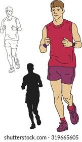 Vector set of running a marathon sport man, hand drawn in cartoons  style.