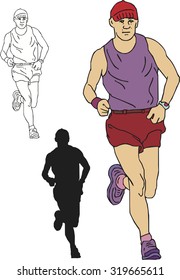 Vector set of running a marathon sport man, hand drawn in cartoons  style.