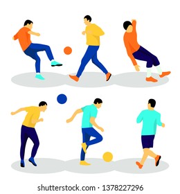 Vector set  with running men playing footbal kicking the ball. Bright cartoon silhouette on blue backdrop. Sport activity games. 