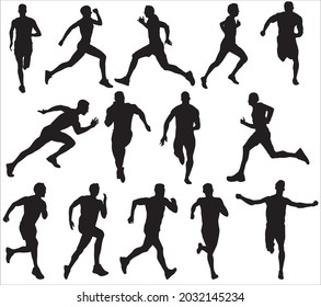 Vector set of running people. Silhouettes of monochrome muscular runners. Sports ficurs athletes, men and women
