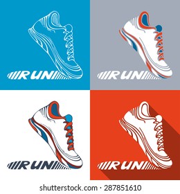 Vector set of running shoe symbols. Sport pictograms. Text "RUN" on shoe sole.