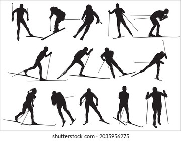 Vector set of running skiers. Silhouettes of sports people, athletes
