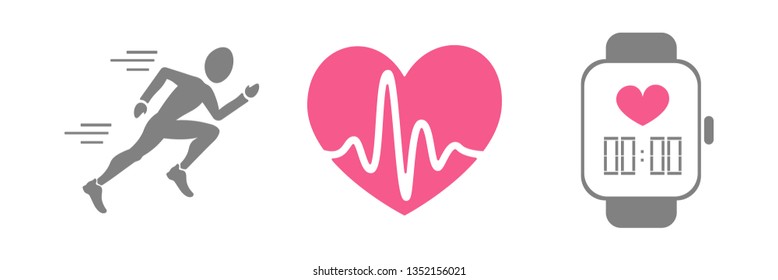 Vector set of running sport icons - jogging person, beating heart with pusle, smart watch for sport team, runner club, triathlon marathon for logo, icon, poster, banner, event promo