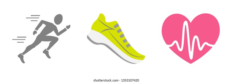 Vector set of running sport icons - jogging person, running shoe, beating heart with pusle,  - for sport team, runner club, triathlon marathon for logo, icon, poster, banner, sport event promo