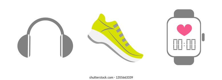 Vector set of running sport icons - running shoe, smart watch, wireless earphones - for sport team, runner club, triathlon marathon for logo, icon, poster, banner, sport event promo
