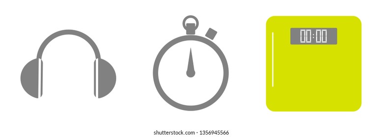 Vector set of running sport icons - wireless earphones, sport timer, weigh scale - for sport team, runner club, triathlon marathon for logo, icon, poster, banner, sport event promo, competition art