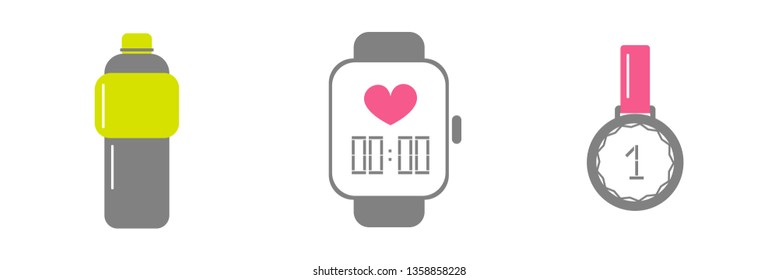 Vector set of running sport icons - bottle of isotonic or water, smart watch, medal of winner - for sport team, runner club, triathlon marathon for logo, icon, poster, banner, sport event promo