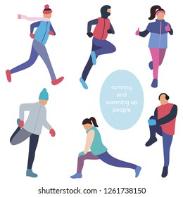 Vector set of running and warming up people in winter gear. Concept for articles about sports, advertising sportswear for jogging, sites about a healthy lifestyle