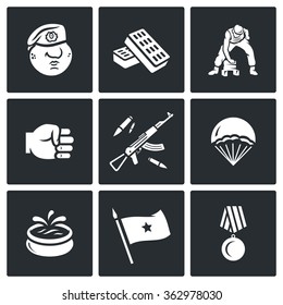 Vector Set of Russia Airborne troops Icons. Soldier, Beret, Bricks, Workout, Punch, Weapon, Landing, Fountain, Flag, Award. Warrior, Broken bricks, Machine gun, Parasailing, Water, Shaft, Order