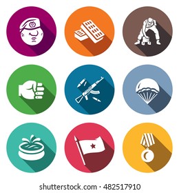 Vector Set of Russia Airborne troops Icons. Soldier, Beret, Bricks, Workout, Punch, Weapon, Landing, Fountain, Flag, Award.