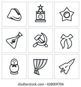 Vector Set Of Russia Country Icons. Soldier Field Cap, Kremlin, Moscow, Oktyabrenok, Balalaika, Hammer And Sickle, Pioneer Tie, Matryoshka, Iron Curtain, Rocket. Symbols Of Russia.