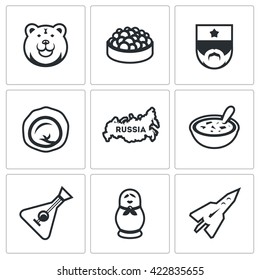 Vector Set of Russia Icons. Bear, Caviar, Soldier, Dumpling, Territory, Cuisine, Balalaika. Symbols of Russian country, food, animal, souvenir, industry, music