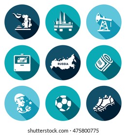 Vector Set of Russia Icons. Gas, Oil, Contract, Territory, Money, Man, Football, Shoes.