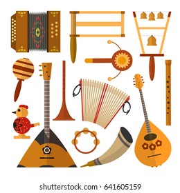 Vector set of Russian folk music instruments. Flat style design elements, icons isolated on white background.