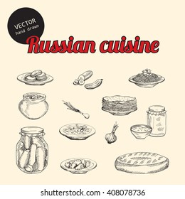 Vector set of russian national food. Background consist of borscht, dumplings, onions and pancakes. Sketch art style. Can use in cover, poster, label, banner, menu in restaurant or cafe.