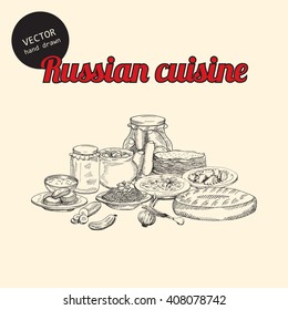 Vector set of russian national food. Background consist of borscht, dumplings, onions and pancakes. Sketch art style. Can use in cover, poster, label, banner, menu in restaurant or cafe.