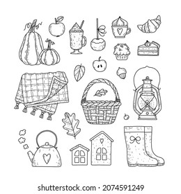 Vector set of rustic autumn elements - basket, rain boots, plaid, kerosene lantern, pumpkins, kettle and baking. Cute things for cozy autumn days and hiking.